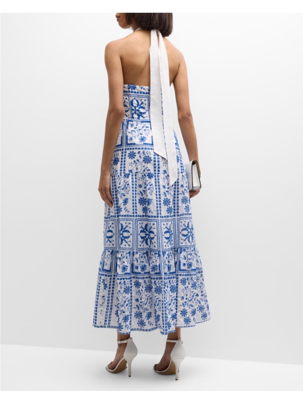 Milly White and Blue Halter Maxi Dress with Floral Tile Print - Picture 2 of 9